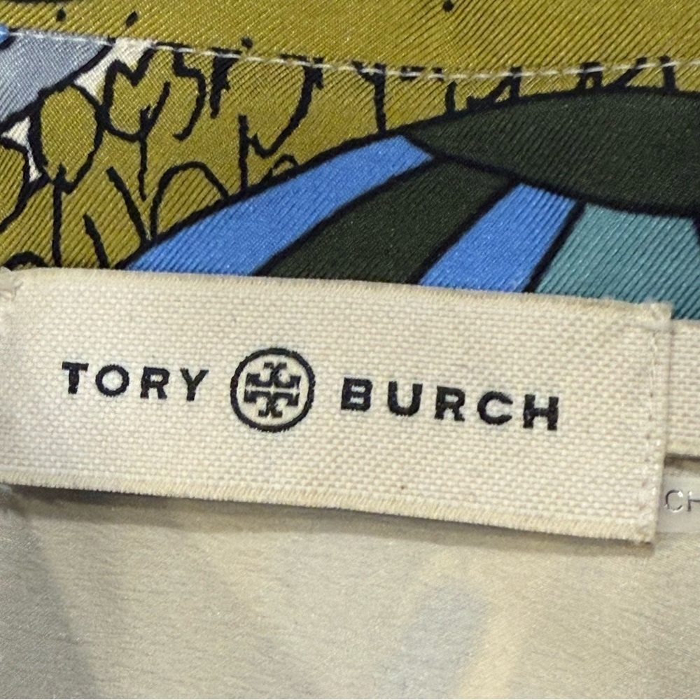 Tory Burch Green and Blue Hot Air Balloon Print Silk Twill Blouse Size 8 EUC - Picture 5 of 15